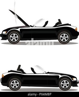 Lilas cassé sport cabriolet voiture dessin animé avec le capot ouvert couvert de fumée. Accident de voiture avant et après. Vector illustration isolé sur blanc zone Illustration de Vecteur