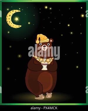 Vector illustration of cute cartoon caractère de l'ours dans le coin couchage hat et chaussons, holding cup avec boisson chaude sur fond de nuit avec des étoiles brillantes et Illustration de Vecteur