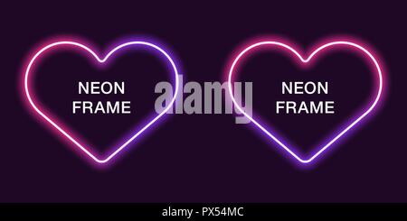 Neon frame en forme de coeur. Modèle vectoriel de néon border en rose et violet, couleur rougeoyante créatif coeur dans contour. Arrière-plan de conception moderne pour Illustration de Vecteur