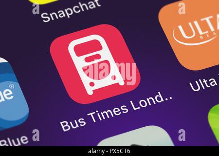 Londres, Royaume-Uni - 19 octobre 2018 : Capture d'Mapway Limited Times London Bus mobile app. Banque D'Images