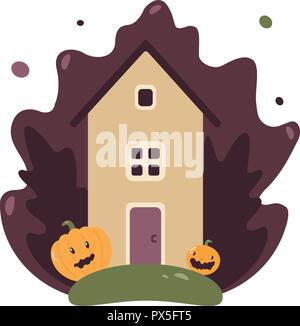 Boot Fantasy gîte rural prés colorés de lierre et de citrouilles. Paysage d'automne, citrouilles, feuilles, Arbre. Télévision Style Design. Jolie maison avec pu Illustration de Vecteur