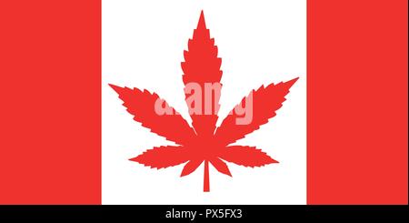 Pavillon du Canada design avec une feuille de cannabis rouge. Concept de la légalisation de la marijuana au Canada. Le rouge et le blanc ou l'illustration. Illustration de Vecteur