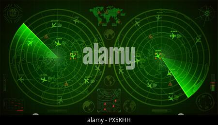 Radar militaire détaillée avec deux écrans verts avec des avions et des traces cible signer Illustration de Vecteur