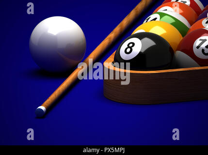 Boules de billard et cue sur fond bleu Banque D'Images