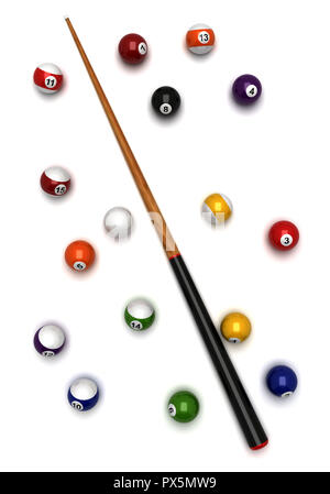 Boules de billard et cue en vue de dessus Banque D'Images