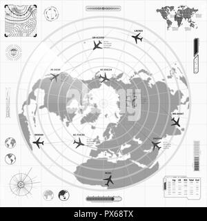 Le noir et blanc avec affichage des radars militaires avec des avions et des traces cible signer Illustration de Vecteur