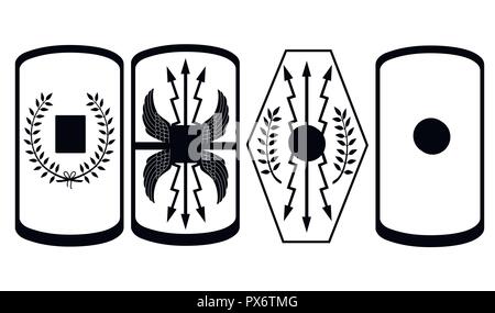 Silhouette noire. Collection de boucliers humains. Boucliers de légionnaire romain. scutum avec jaune décoration tendance. Tenue de l'ancien légionnaire. Télévision vect Illustration de Vecteur