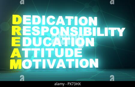 Acronyme DREAM - le dévouement, la responsabilité, l'éducation, l'attitude et la motivation. Le rendu 3D. L'éclairage de l'ampoule néon Banque D'Images