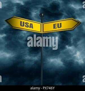 Le rendu 3D de la signalisation routière avec USA et texte de l'UE pointant dans des directions opposées. Image par rapport à la situation politique entre les États-Unis et l'Union européenne. Banque D'Images