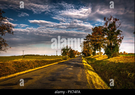 Belle et pittoresque, la route goudronnée avec ciel nuageux ciel bleu et arbres au bord de la route en République tchèque près de Boskovice Banque D'Images