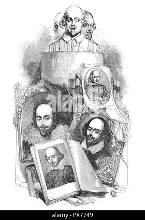 Portraits de William Shakespeare (1564-1616) né et a grandi à Stratford-upon-Avon, Warwickshire, en Angleterre. Il était un poète, dramaturge et comédien, largement considéré comme le plus grand écrivain de langue anglaise et de la dramaturge prééminent. Il est souvent appelé l'Angleterre et le poète national 'Bard d'Avon". Il a écrit environ 39 parties,154 sonnets, deux longs poèmes narratifs, et quelques autres versets, certains de paternité incertaine. Ses pièces ont été traduites dans toutes les langues vivantes et s'effectuent plus souvent que ceux de tout autre dramaturge. Banque D'Images