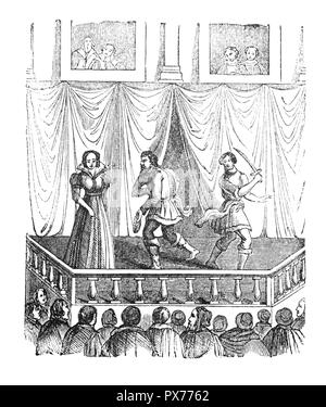 L'ancien stade et balcon dans le Globe Theatre était un théâtre de Southwark, sur la rive sud de la Tamise, Londres, Angleterre. Il a été construit en 1599 par la pièce de Shakespeare à l'entreprise, les hommes du lord Chamberlain, mais a été détruit par un incendie le 29 juin 1613. Un deuxième Globe Theatre a été construit sur le même site d'ici juin 1614 et fermé par une ordonnance rendue le 6 septembre 1642. Banque D'Images