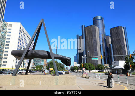 Le Monument à Joe Louis, heavyweight champion 1937-50, connu également comme le poing, le mémorial pour le boxeur, sur Woodward & Jefferson, au Michigan, USA Banque D'Images