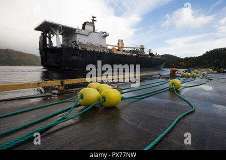 L'USNS 1er lieutenant Baldomero Lopez (T-AK 3010) arrive au port pour débarquer le dégrossissement du Corps des marines de l'équipement en Program-Norway la Norvège, 8 octobre 2018. Corps des Marines des États-Unis, U.S. Navy, et Norvégien et membres de services civils déchargés et inspecté l'équipement de l'exercice Trident stade 18. Stade Trident 18 améliore les États-Unis et ses alliés de l'Otan et partenaires capacité à travailler ensemble collectivement pour mener des opérations militaires dans des conditions difficiles. (U.S. Marine Corps photo par le Sgt. Bethanie C. Sahms) Banque D'Images