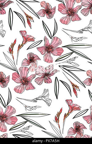 Modèle sans couture de lauriers roses. Illustration botanique faites à la main. Vector floral design pour la mode imprime, album, papier d'emballage. Banque D'Images