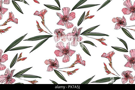 Modèle sans couture de lauriers roses. Illustration botanique faites à la main. Vector floral design pour la mode imprime, album, papier d'emballage. Banque D'Images