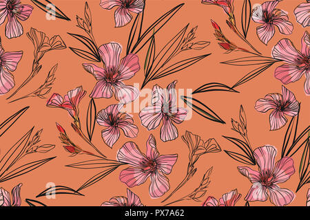 Modèle sans couture de lauriers roses. Illustration botanique faites à la main. Vector floral design pour la mode imprime, album, papier d'emballage. Banque D'Images