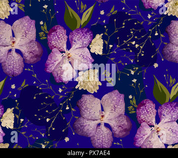 Design Floral seamless pattern. Orchidées mauve avec des fleurs sauvages, des feuilles et des plantes à la main. Vector illustration pour textile, rétractable, tissu prin Banque D'Images