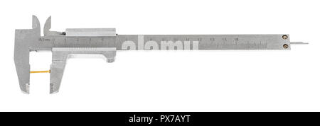 Vue de dessus du vieux étriers en acier mesures vis laiton isolé sur fond blanc Banque D'Images