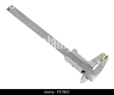 Voir ci-dessus de vieilles mesures étriers en acier vis laiton isolé sur fond blanc Banque D'Images