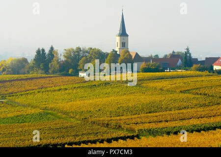 Vignobles pittoresques en couleurs de l'automne, Ballrechten-Dottingen village en arrière-plan, Baden Württemberg. L'Allemagne. Banque D'Images