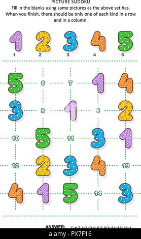 Photo puzzle Sudoku 5x5 (un bloc) avec des numéros en pointillés. Réponse inclus. Illustration de Vecteur