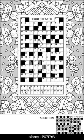 Puzzle et activité de coloriage page pour les adultes avec codebreaker, ou, d'autre mot code cracker code jeu de mots (Anglais) et large cadre décoratif de couleur. Illustration de Vecteur