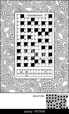 Puzzle et activité de coloriage page pour les adultes avec codebreaker, ou, d'autre mot code cracker code jeu de mots (Anglais) et large cadre décoratif de couleur. Illustration de Vecteur