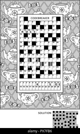 Puzzle et activité de coloriage page pour les adultes avec codebreaker, ou, d'autre mot code cracker code jeu de mots (Anglais) et large cadre décoratif de couleur. Illustration de Vecteur