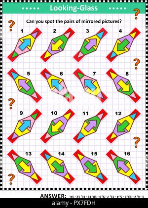 IQ, la mémoire et la formation des compétences spatiales résumé visuel puzzle : Pouvez-vous trouver les paires d'images en miroir ? Réponse inclus. Illustration de Vecteur