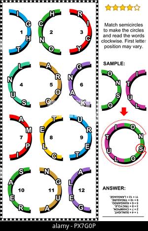 Formation IQ résumé visual word puzzle ou jeu de mots (en anglais) : Match demi-cercles avec des lettres pour en faire les cercles et lire les mots. Illustration de Vecteur