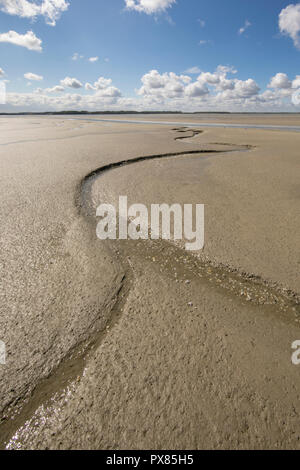 Petit rivière qui coule sur la plage dans la mer, Baie de Somme, Picardie, France Banque D'Images