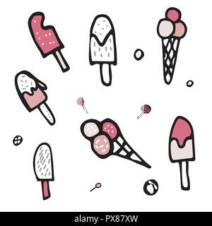 Style Doodle jeu de la crème glacée. Vector illustration. Illustration de Vecteur