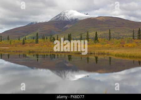 Voir de la neige a couvert la Montagne de visée à l'automne de l'autoroute de l'Alaska Glenn Banque D'Images