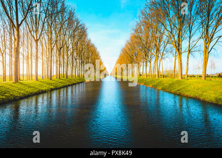 Belle vue du célèbre Canal de Damme, également connu sous le nom de Damse Vaart ou Napoleonvaart, près de la ville de Bruges dans lumière du soir au coucher du soleil Banque D'Images