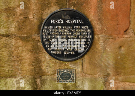 Une plaque à l'extérieur de l'hôpital Ford Descriptif Maison de Charité sur Greyfriars Road dans le centre-ville de Coventry UK Banque D'Images