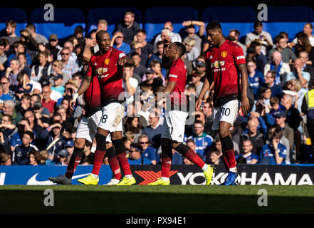 Londres, Royaume-Uni. 20 Oct, 2018. Anthony martiale de Manchester United célèbre son 2e but lors de la Premier League match entre Chelsea et Manchester United à Stamford Bridge, Londres, Angleterre le 20 octobre 2018. Photo par Liam McAvoy. Credit : UK Sports Photos Ltd/Alamy Live News Banque D'Images