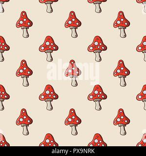 Champignon Amanita modèle homogène. Agaric Fly. Hand drawn doodle cartoon éléments. Vector illustration en couleur. Illustration de Vecteur