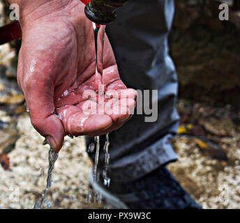 Flux d'eau propre et verser dans la main de l'homme/ mains attraper nettoyer l'eau qui tombe de près. Concept de l'environnement. Banque D'Images