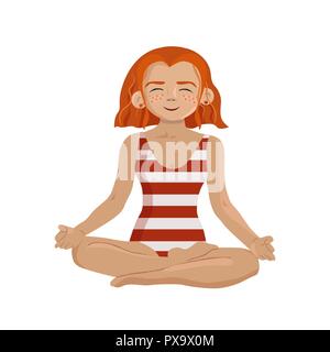 Femme rousse avec des taches de rousseur porte maillot à rayures assis dans la pose. Ginger girl meditating illustration. Illustration de Vecteur