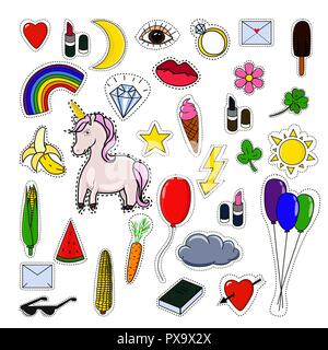 Collection de correctifs avec unicorn isolé sur fond blanc. Badges et autocollants Patch Set. Pop art et de la mode des broches. Illustration de Vecteur