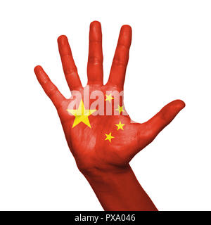 Chine drapeau peint sur Main sur fond blanc Banque D'Images