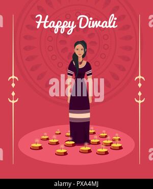 Femme indienne élégante avec des lumières joyeux Diwali celebration vector illustration Illustration de Vecteur