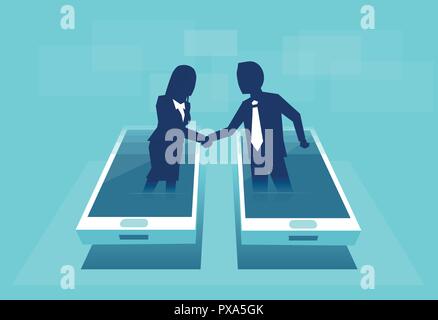 Affaires en ligne communication concept. Vecteur de businesspeople shaking hands par affichage d'un téléphone intelligent. Illustration de Vecteur