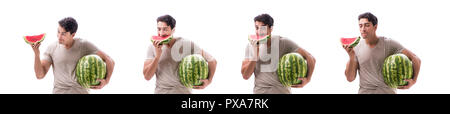 Jeune homme avec watermelon isolated on white Banque D'Images