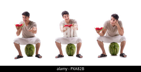 Jeune homme avec watermelon isolated on white Banque D'Images