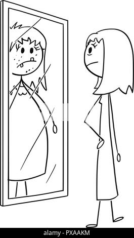 Caricature de Nice et Slim femme ou une fille à la recherche d'elle-même au miroir et se voir moche, gras et obèses Illustration de Vecteur