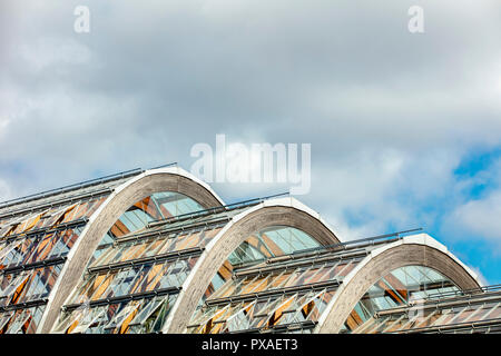 Sheffield, UK- le 31 août 2018 : Sheffield Winter Garden serre urbaine (bois lamellé) Détails de l'architecture d'Arches Banque D'Images