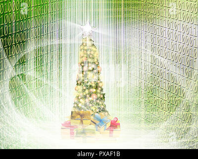 Close up conceptuel brillant décoration arbre de Noël en lumières structurelles abstraites et code binaire d'un et zéro Banque D'Images