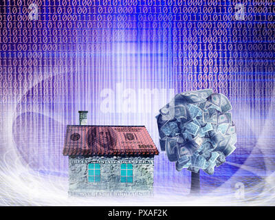 L'argent et de l'argent maison conceptuel arbre avec dollar bills in abstract feux structurels avec code binaire Banque D'Images